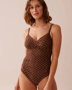 la Vie en Rose On Neutral Ground|One-pieces>Crossed One-piece Swimsuit Terracotta Geometric