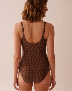 la Vie en Rose On Neutral Ground|One-pieces>Crossed One-piece Swimsuit Terracotta Geometric